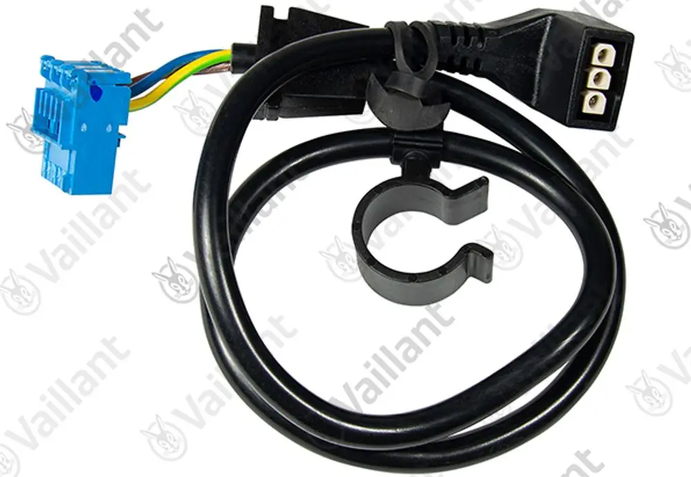 Kabel mit Stecker und Anschluss für eine Pumpe, geeignet für Vaillant Produkte, mit blauem Steckverbinder und Halterung zur Befestigung.